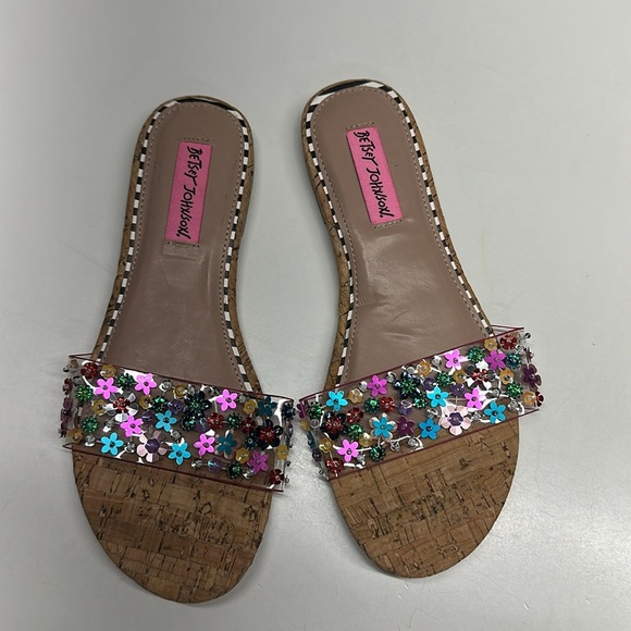 Betsey Johnson Sandals Slides Flats Slip On Open Toe Shoes Floral Beaded New 6 - Picture 1 of 7